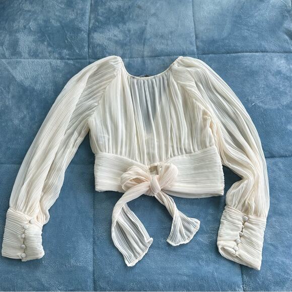Zara Pleated Crepe Blouse Crop Top Tie Bow Back - Picture 7 of 10
